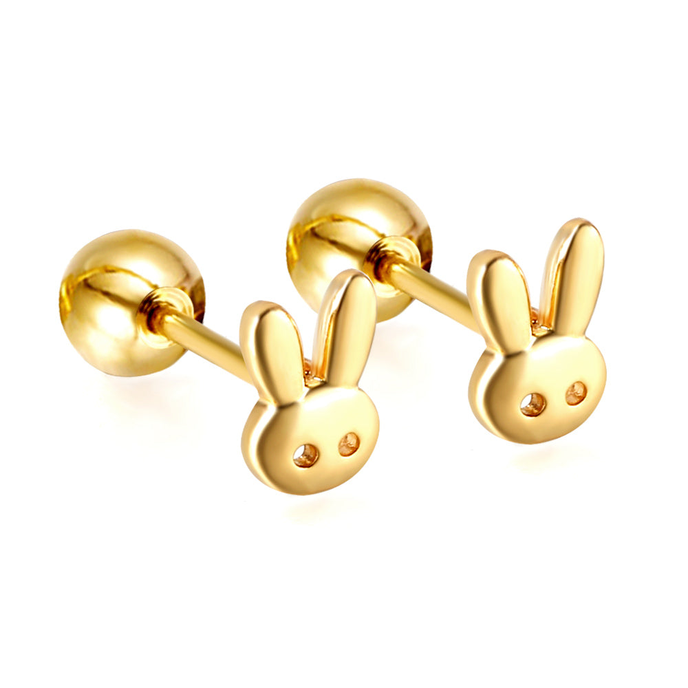 Gold coloured steel ball screw-in rabbit head stud earrings asonjewelry